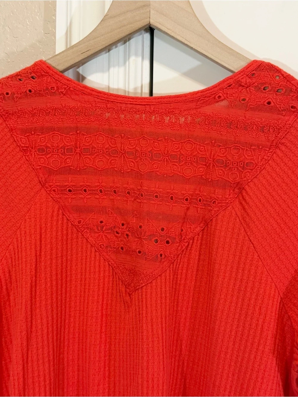 Free People Parisian Vermillion Top Embroidery Eyelet V-Neck Bell Sleeves
